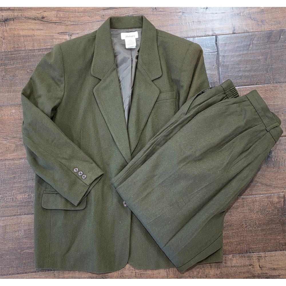 VTG Earthy Boho Goth Powersuit 22W Olive Green 100% Wool 2 - Blazer Pant Suit